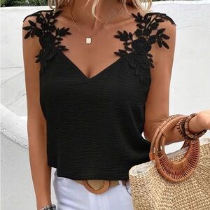 Ladies sz XL Black , sexy tank top lace with roses neckline